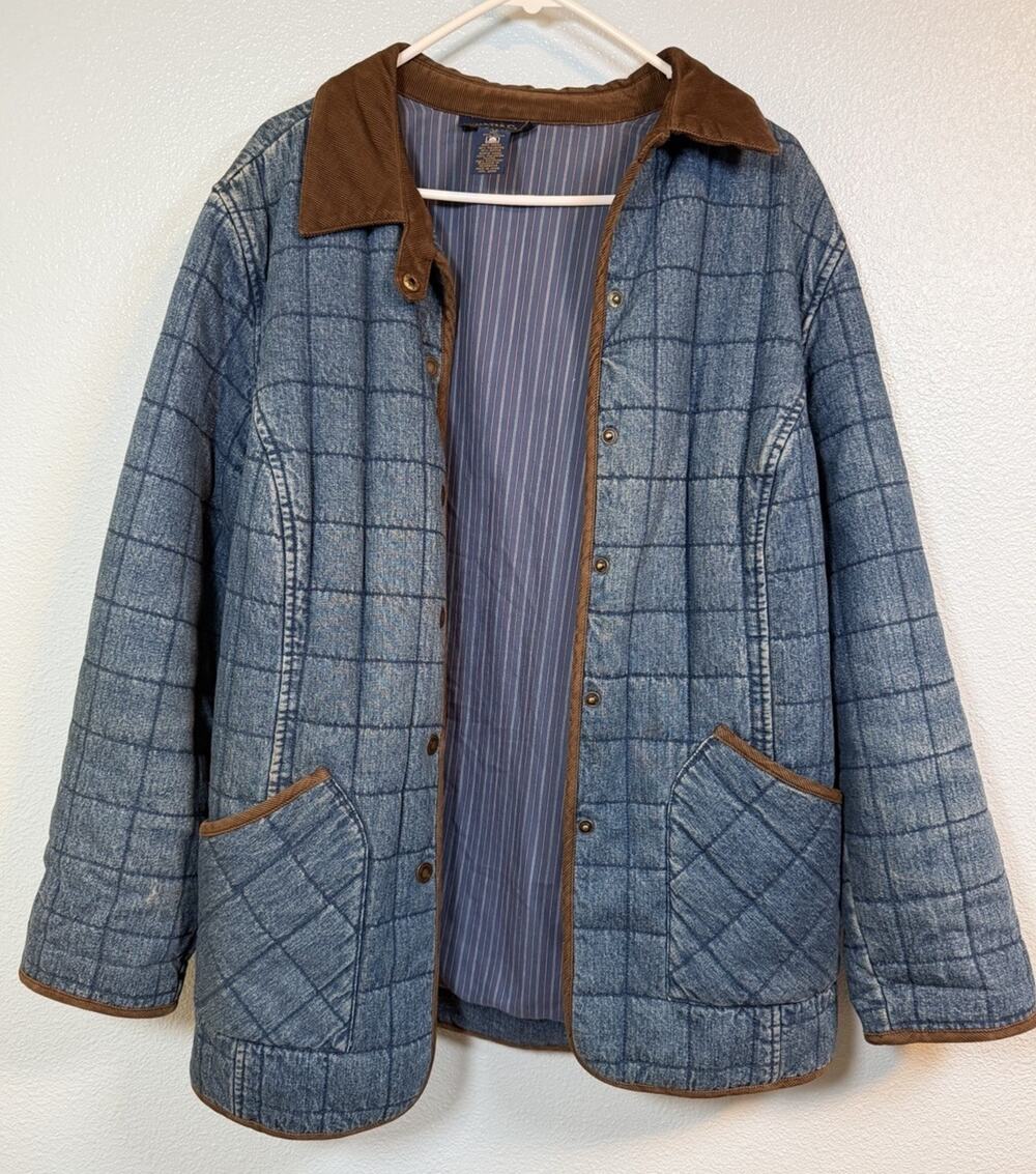Charter Club Woman 1X Quilted Denim Barn Jacket Corduroy Collar Blue Coat